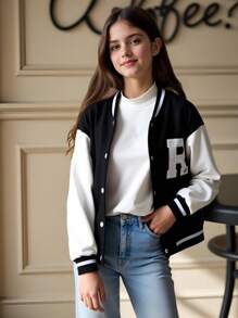 Tween Girl Letter Patched Striped Trim Drop Shoulder Varsity Jacket - Black and White - View 1