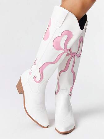 Kawaii Damen Cutout Schleife bestickte weiße Western Stiefel, Frühling/Herbst neue Leder Overknee Stiefel