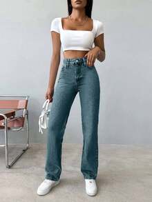 EURMUSE Damen Einfarbige Minimalistische Lässig Gerade Bein Jeans