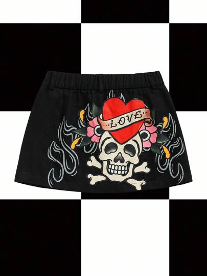 Y2Kool Wild Love Halloween, Flame, Old School Print, Sword, Heart, Retro, Hot Girl, Street Style Casual Women Denim Super Mini Skirt, Suitable For Summer, Autumn, Vacation, Gathering, Party, Daily Wear