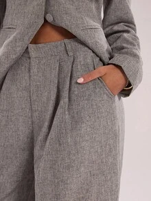 SHEIN BAE Autumn/Winter Women's Minimalist Elegant Commuter Casual Straight-Leg Suit Pants Loose-Fit Pants Gray Loose-Fit Pants High-Waisted Loose-Fit Pants Pleated Loose-Fit Pants Women's Suit Pants, A Must-Have Item For Autumn/Winter,Fall - Grey - View 7