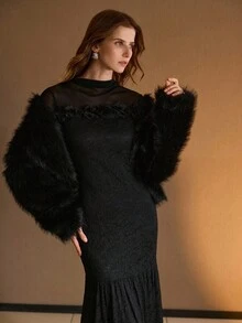 MOTF PREMIUM CONTRAST MESH APPLIQUES DRESS - Black - View 7