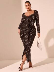 SHEIN BAE Plus Size Autumn And Winter Polka Dot Print Elegant Ruffle Long Sleeve Dress Suitable For Dating, Party, Afternoon Tea - Chocolate Brown - View 4