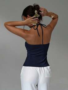 Aloruh Áo hai dây buộc cổ yếm, vạt lệch, đính kim loại, thích hợp cho nữ mùa hè, kỳ nghỉ, đi biển. - Màu xanh hải quân - Xem 3