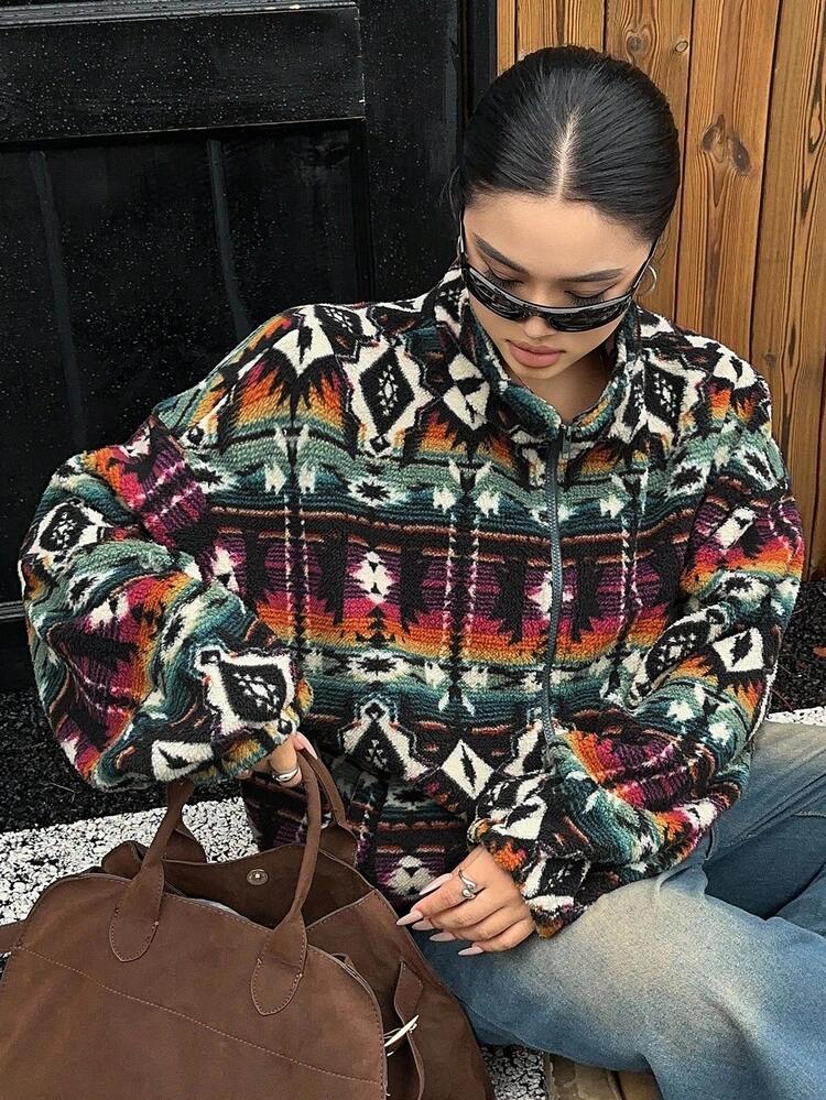 Dazy Plus Christmas Plus Size Women Colorful Fluffy Lined Loose Fit Long Sleeve Jacket, Autumn/Winter Women Coats