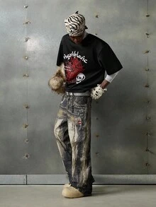 NEON BLANC Men's Casual Spider Web & Letter Print Short Sleeve T-Shirt, Halloween - Black - View 5