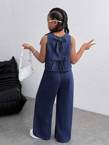 Tween Girl Casual Washed Backless Tie Denim Vest And Jeans Set, Girls Jean Two Piece Set, Kids Denim Outfit, Tween Girls, Teen Girls, Baby Blue, Girls Denim Two Piece Set, Two Piece Denim Set Girls, Teen Girl 2 Piece Set - Dark Wash - View 3