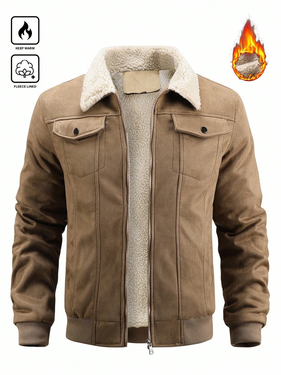 Manfinity Homme Men's Long Sleeve Solid Color Pocket Zip-Up Thermal Lined Jacket, Autumn/Winter - Khaki - View 1