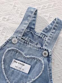 SHEIN Vintaside Kids Baby Girl Fashion Round Neck Short Sleeve Top And Casual Heart Print Bib Pants Overall Set - Red - View 6