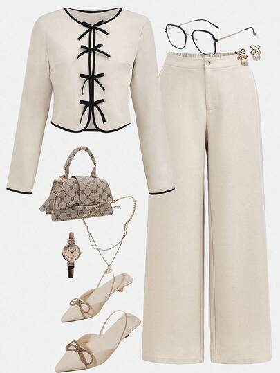 Girlism Teen Girls Colorblock Bowknot Long Sleeve Jacket & Loose Pants Co-Ord Set Valentine's Day Clean Girl Cute Outfit Fall Winter Set Outfit For Women Elegantcasual Girld Outfit Set Full Outfit Set Clothes Set