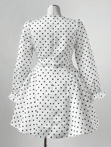 Sweetra A-Linie Taille Raffung Mini Kleid, Polka Dot Satin glänzend elegantes Herzausschnitt Langarm, Slim Fit, Lässig Chic Kurzkleid in Große Größen - Aprikosenfarben - Übersicht 2