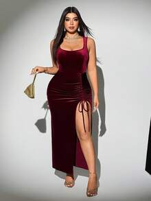 Viva Relle Damen Große Größen elegantes einfarbiges Samt-Stoff Maxikleid mit hohem Kragen, hohem Schlitz, Kordelzug-Design, vielseitig einsetzbar mit Schleife für Party, Geburtstag - Bordeaux - Übersicht 1