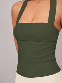 Silquee Women's Solid Color Pleated Fitted Halter Neck Camisole - Army Green - View 4