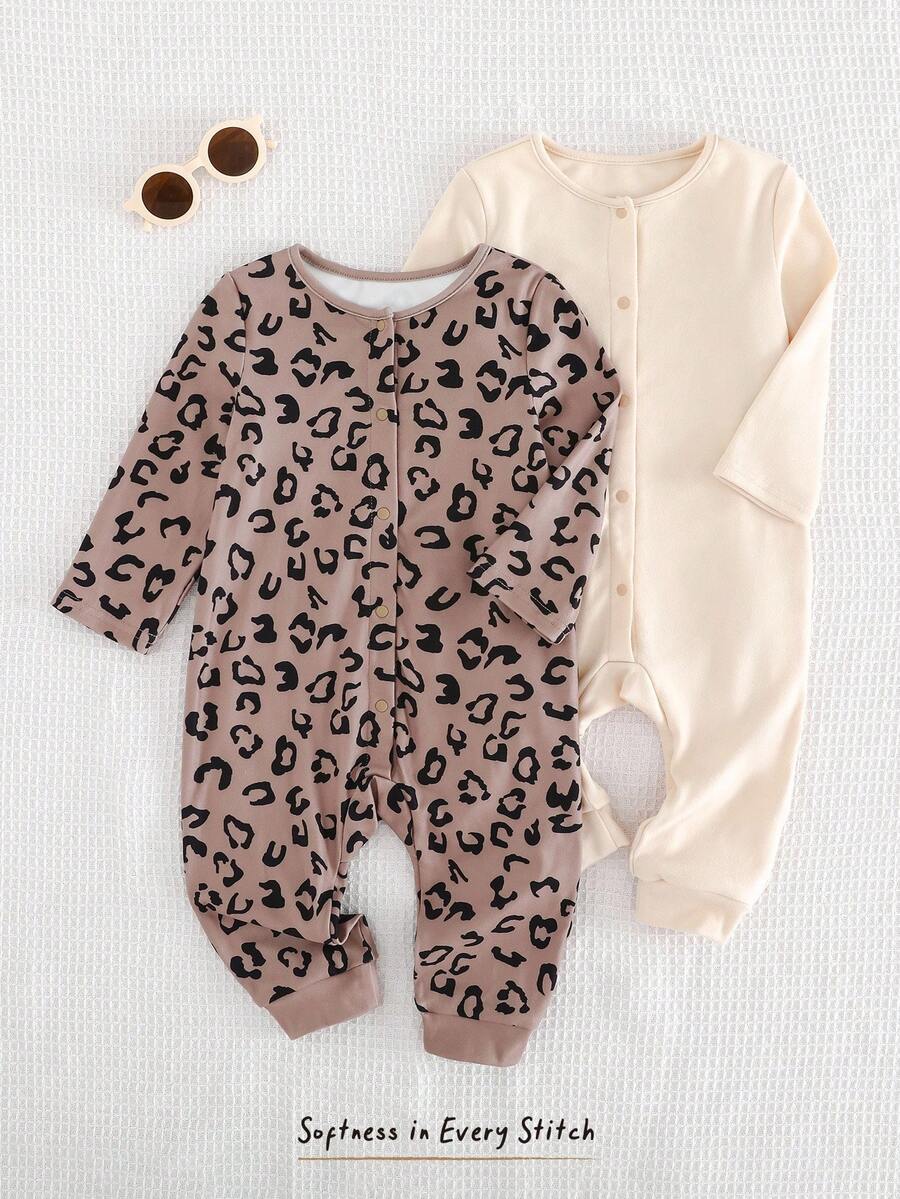 Cozy Pixies Bộ 2 món áo liền quần cho bé gái in họa tiết da báo và màu trơn, chất liệu mềm mại, cổ tròn, tay dài, đa năng, thích hợp mặc trong nhà, ngoài trời và chơi thể thao. Quần áo trẻ em in họa tiết báo đốm, trang phục bé gái in họa tiết da báo, quần áo trẻ em màu trung tính, unisex, mùa thu đông. - Nhiều màu - Xem 1