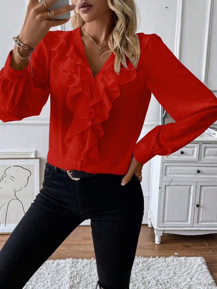 EMERY ROSE Áo sơ mi nữ tay lỡ viền bèo nhún - Đỏ - Xem 1