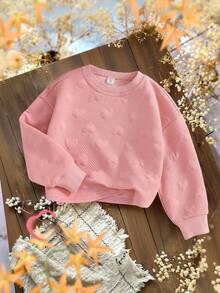 SHEIN 女童休闲白色针织加厚纹理长袖圆领短款宽松卫衣，适合秋冬季运动、休闲和日常穿着。女童生日、母女装、万圣节、返校季粉色系秋季女童卫衣、女童粉色卫衣、爱心卫衣、带爱心图案卫衣、女童粉色卫衣 - 白色 - 查看 7