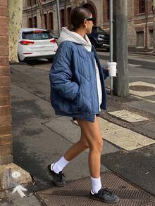 DAZY Quilted Diamond Pattern Patchwork Ribbed Loose Fit Women Padded Coat Winter Jacket - Navy Blue - View 4