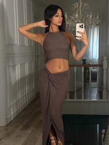 Ronhire 女式纯色短款露背背心和腰部扭结裙两件套 - 棕色 - 查看 4