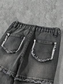 SHEIN 青少年男孩时尚休闲 Y2K 复古酷炫街头风回归校园学院风黑色牛仔街头时尚口袋流苏设计黑色牛仔弹力紧身牛仔裤，适合日常穿着，秋冬季节锐舞派对和街头服饰黑色破洞牛仔裤街头风牛仔裤 - 黑色 - 查看 4
