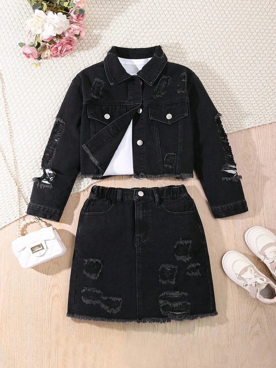 Sparklyn Tween Girl Y2K 可爱粉色休闲做旧短款夹克和松紧腰牛仔迷你裙两件套 - 深灰色 - 查看 1