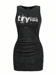 Y2Kool Ronald Lubega Women's Letter Print Pleated Casual Sleeveless Mini Dress Try Hard Dress Ribbed Dress Y2k Dress Bodycon Dress Party Dress Stylish Clothing Collection New Year Outfits Cotton - Dark Grey - View 3