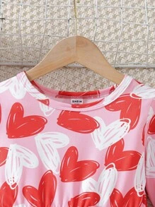 1pc Girls' Fashion Heart Print Round Neck Long Sleeve A-Line Elastic Waist Fitted Dress, Suitable For Valentine's Day Party, Spring/Autumn - Pink - View 8