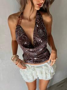 Aloruh 女士时尚深V领串珠装饰露脐吊带背心 Y2K 优雅性感派对音乐节演唱会吊带背心 咖啡棕色亮片刺绣上衣，乡村音乐会，串珠上衣，派对 - 咖啡棕 - 查看 2