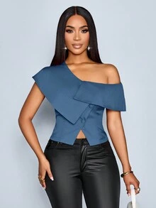 SOLERSUN 女式春夏优雅老式钱办公室商务休闲不对称肩单排扣衬衫，外出上衣 - 藏蓝色 - 查看 4