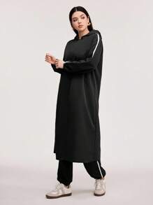 Veilorie Drop Shoulder Contrast Binding Zip Front Coat & Trousers - Black - View 3