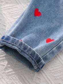 SHEIN Vintaside Kids Baby Girl Fashion Round Neck Short Sleeve Top And Casual Heart Print Bib Pants Overall Set - Red - View 7