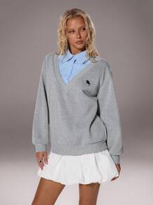 TRNVIE 1pc Women's V-Neck Embroidered Logo Colorblock Relaxed Fit Thermal Lined Sweatshirt, Casual Wear For Office, School, Home In Autumn/Winter - Grey - View 4