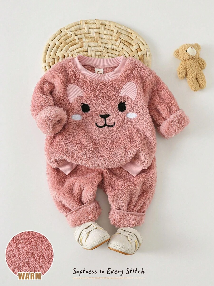 Cozy Pixies 两件套女婴可爱卡通动物表情贴花保暖圆领长袖卫衣搭配松紧腰带毛绒裤,可爱兔子图案睡衣,舒适百搭休闲日常可爱简约风格,适合室内、室外、日常、运动、玩耍、派对、拍照、秋冬季假期穿着。 - 藕粉色 - 查看 1