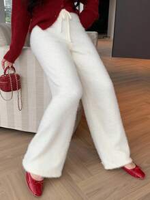 DAZY 女士蓬松直筒休闲裤，秋冬 - 米色 - 查看 3