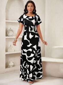 SHEIN Lady Women's Geometric Print Round Neck Short Sleeve Elegant Dress - Multicolor - View 6