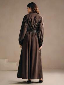 Anewsta Váy sơ mi đô thị thanh lịch tối giản thời trang thu đông kèm thắt lưng, váy nữ - Cà phê - Xem 2