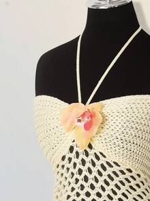 SHEIN ICON Bộ 2 áo len hở lưng họa tiết hoa trang trí bãi biển mùa thu/đông - Màu be - Xem 8