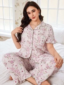 2 Peças Conjunto de Pijama Plus Size CottageSlumber - Top de Manga Curta e Calça com Estampa Floral - Rosa Bebê - Visão 6