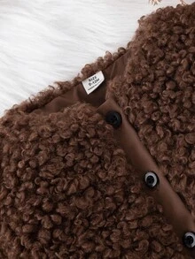 SHEIN Vintaside Kids Infant Girl Winter Fashion Casual Street Dark Brown Plush Long Sleeve Single Piece Jacket, Suitable For Street Photography And Gatherings Fall - Brown - View 4