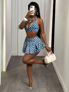 Slaydiva 女式格子流苏褶饰短款牛仔迷你裙 - 深色水洗藍 - 查看 6