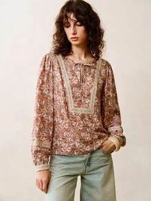 Arave Women's Viscose Fabric, Loose-Fitting Retro Paisley Print, Tie-Neck Collar, Lace Cuffs, And Patchwork Design For Everyday Casual Wear Fall Clothes For Women Western Wear Women Boho Women Clothing Country Outfits Women