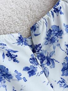 Tween Girls White And Blue Floral Dress,Elegant Autumn Tea Party Sweetheart Neck Puff Long Sleeve Ruffle Hem Sun Dresses For Vacation,Holiday,Boho - Blue and White - View 7