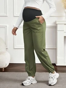 SHEIN Maternity 2 In 1 Dual Waistband Pocket Design Pants - Army Green - View 4