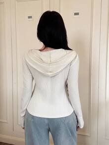 Feyla 女式字母刺绣罗纹拉链连帽夹克，秋冬休闲 - 白色 - 查看 6