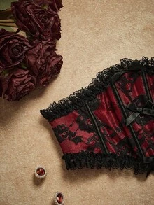 PinupPomp Corset Halloween Gothic Lolita Cổ Điển Thanh Lịch Lãng Mạn Trưởng Thành Quyến Rũ Satin Ren Hoa Màu Đỏ Burgundy Đen Cho Nữ - Đỏ - Xem 10