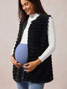 Boho Mama Maternity Solid Color Single-Breasted Faux Fur Sleeveless Regular Jacket, Autumn/Winter Vintage Boho Country