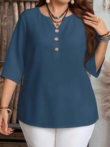 EMERY ROSE Blusa suelta de manga 3/4 con cuello con muesca y botón decorativo en color azul sólido para mujer de talla grande, adecuada para el verano, citas y la oficina - Multicolor - Ver 4