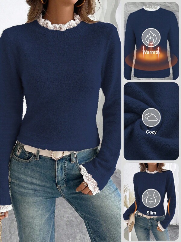 SHEIN PariChic Fashionable & Sweet Lace Collar 3D Soft Faux Fur Pullover,Elegant Office Navy Blue Fall Winter Women's Cozy Slim Versatile Lace Trim Sweater Tops
