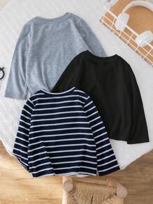 SHEIN 3 件套黑白条纹纯色圆领长袖套头衫，柔软舒适，百搭休闲装，适合男婴和女婴，适合春秋季节 - 彩色 - 查看 2