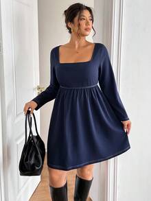 Lounesse Đầm thiết kế buộc lưng cổ vuông màu xanh navy cỡ lớn cho nữ, thời trang mặc hàng ngày - Màu xanh hải quân - Xem 1