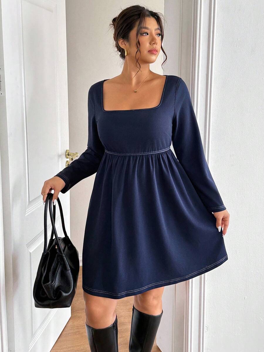 Lounesse Đầm thiết kế buộc lưng cổ vuông màu xanh navy cỡ lớn cho nữ, thời trang mặc hàng ngày - Màu xanh hải quân - Xem 1